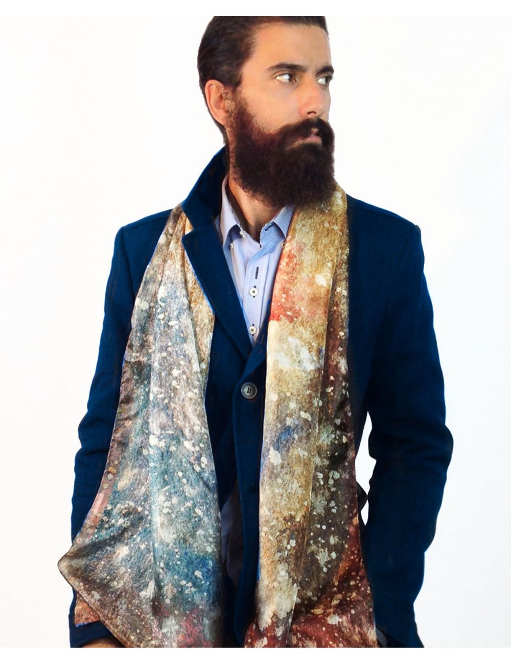 Mens silk scarves with an interstellar watercolor print