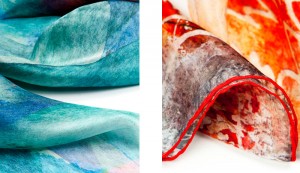Artesania en detalls dels fulards de seda de gasa tons vius cosits a mà de Daba Disseny Barcelona - Per Nadal regala qualitat