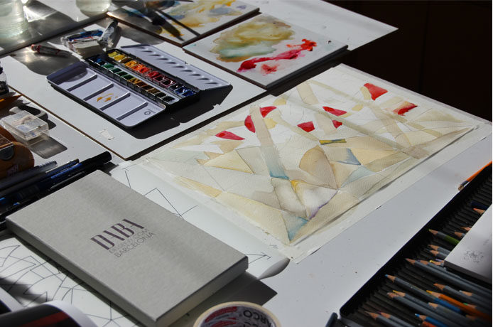 Acuarelas base de los diseños de pañuelos y fulares de seda en la nueva tienda online de fulares - Daba Disseny Barcelona