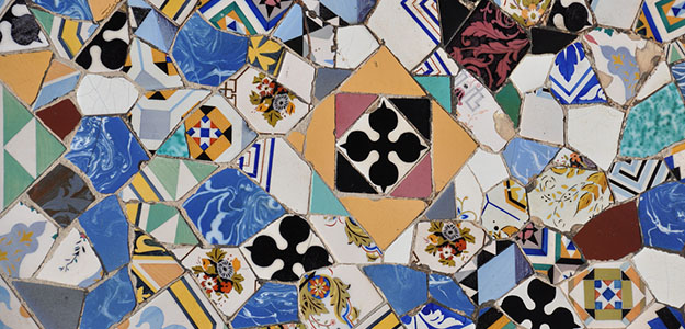 Ceramic burst Trencadís - Inspiration source for the mosaic silk scarf design of Palau Guell Palau Güell - Daba Disseny Barcelona